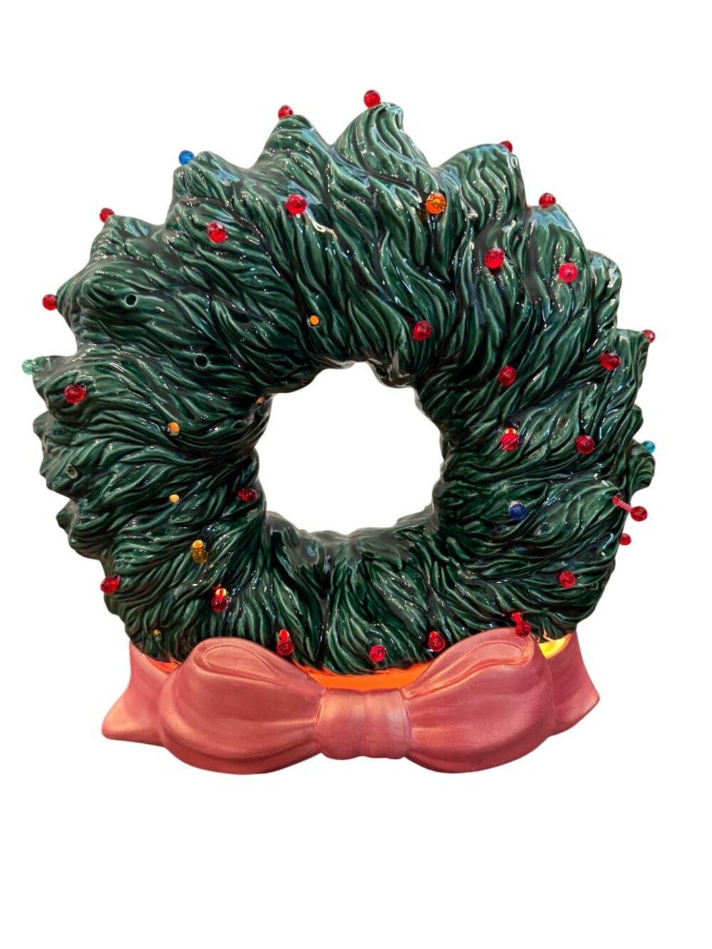 Vintage Ceramic Light-Up Christmas Wreath Decoration With Bow & Multicolor Bulbs - Picture 13 of 16